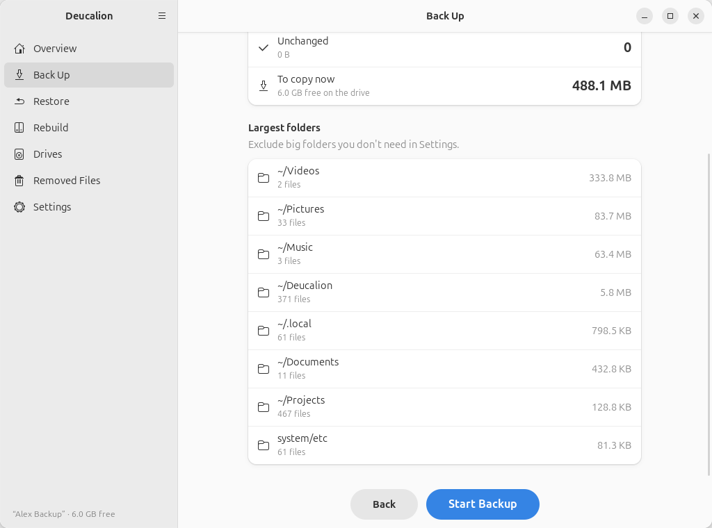 The plan scrolled down: the largest folders, ~/Videos first, down to the system recipe's
folders.
