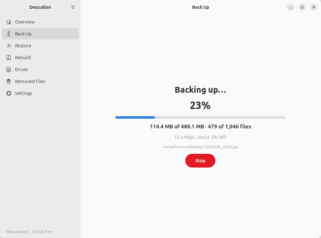 A backup in progress: the percentage, a progress bar, how much of the total is copied (in size and files), the speed and
time left, the file being copied, and a Stop button.