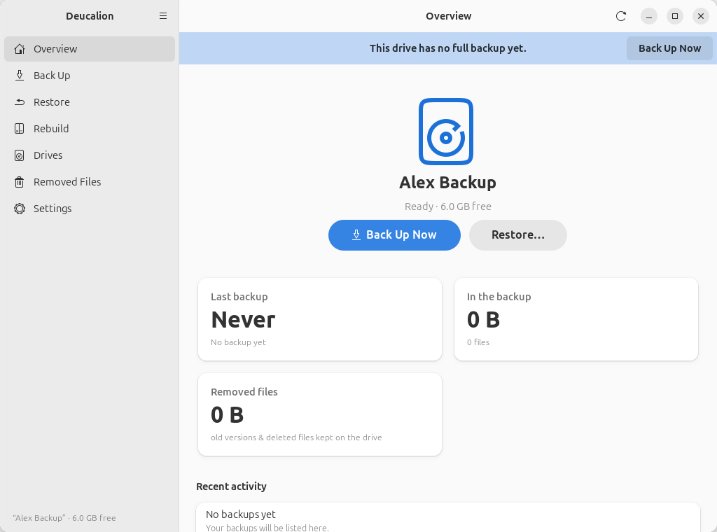 The Overview page with the new drive, ready, and the bar "This drive has no full backup
yet."