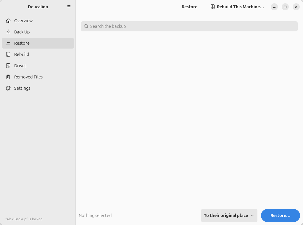 The Restore page when the drive is locked: "Nothing to restore yet" and an Unlock button.