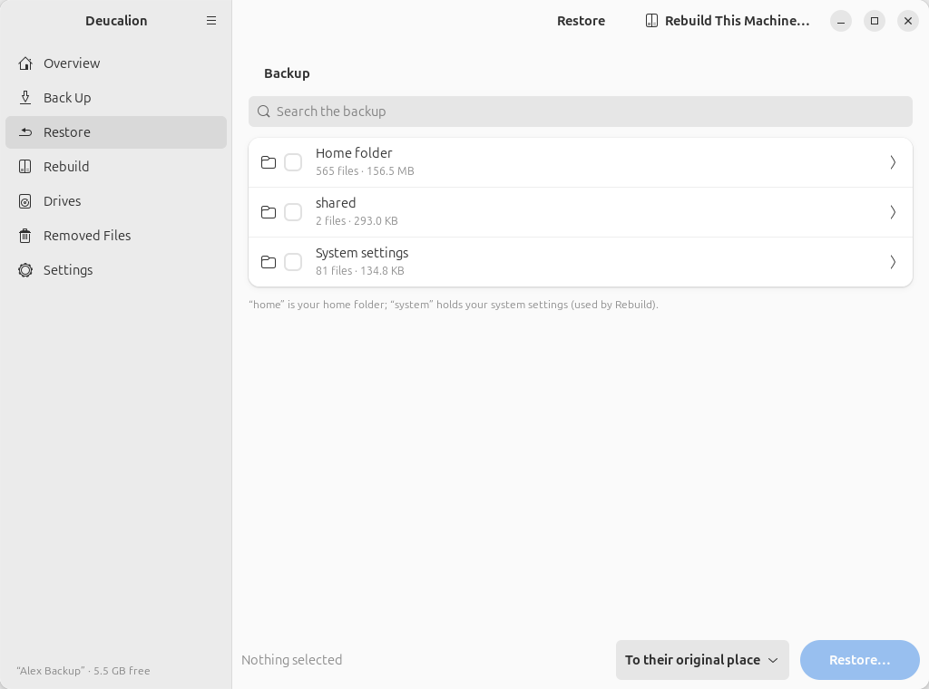 The Restore page at the top level of the backup: "Home folder" and "System settings", with a
search box above and, at the bottom, "Nothing selected", a "To their original place" list and a
Restore button.