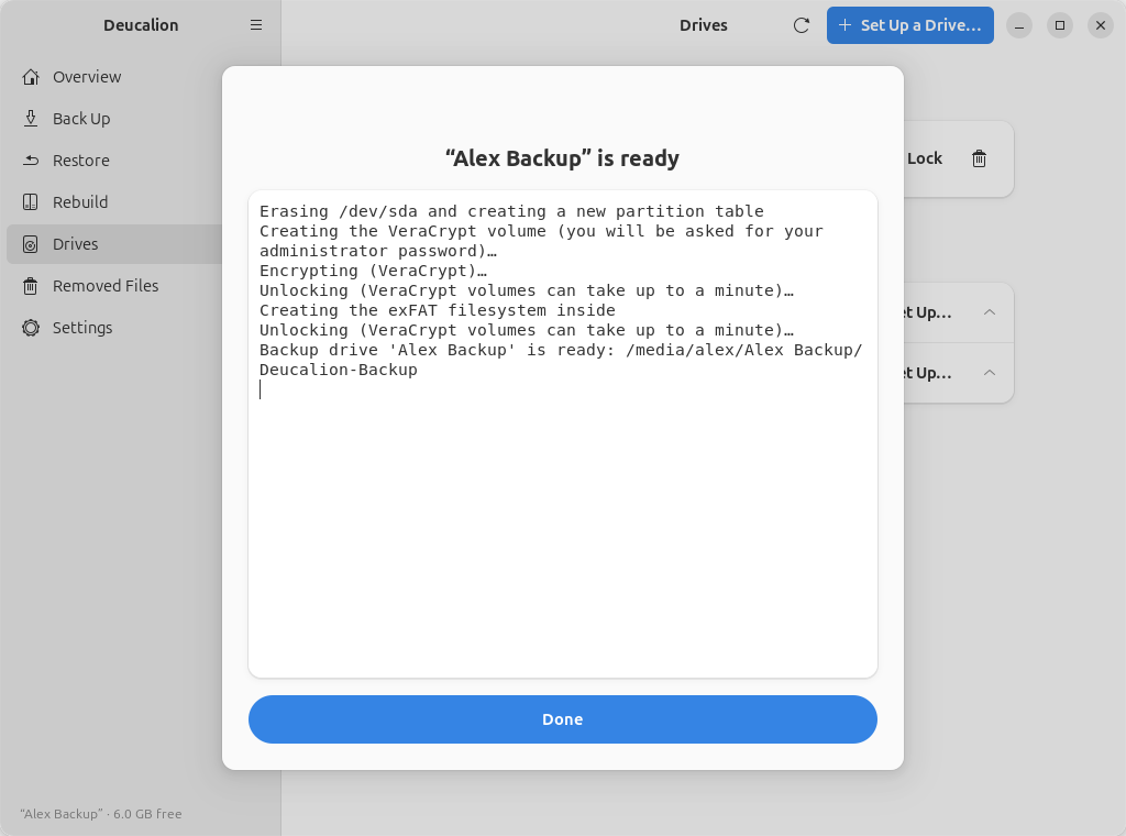 The finished setup: "Alex Backup" is ready.