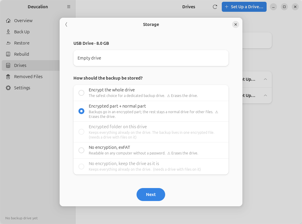 The Storage page with "Encrypted part + normal part" selected.