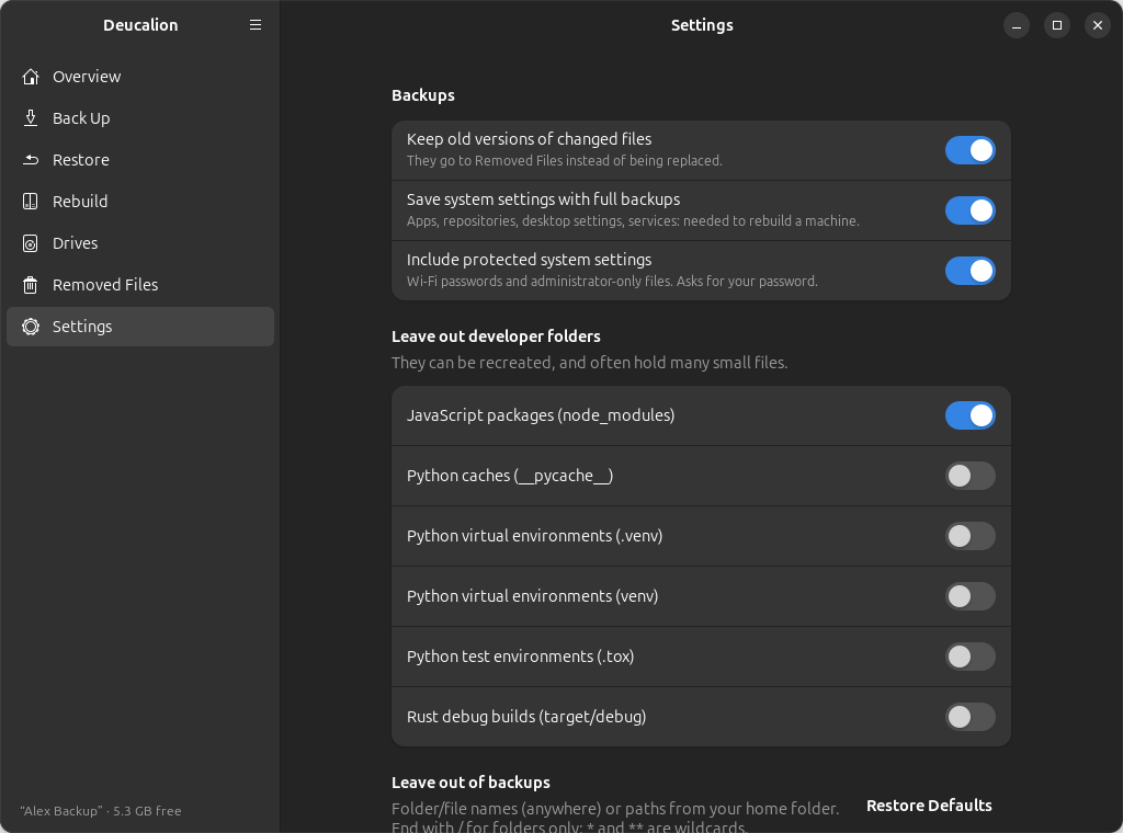 The Settings page in dark style.