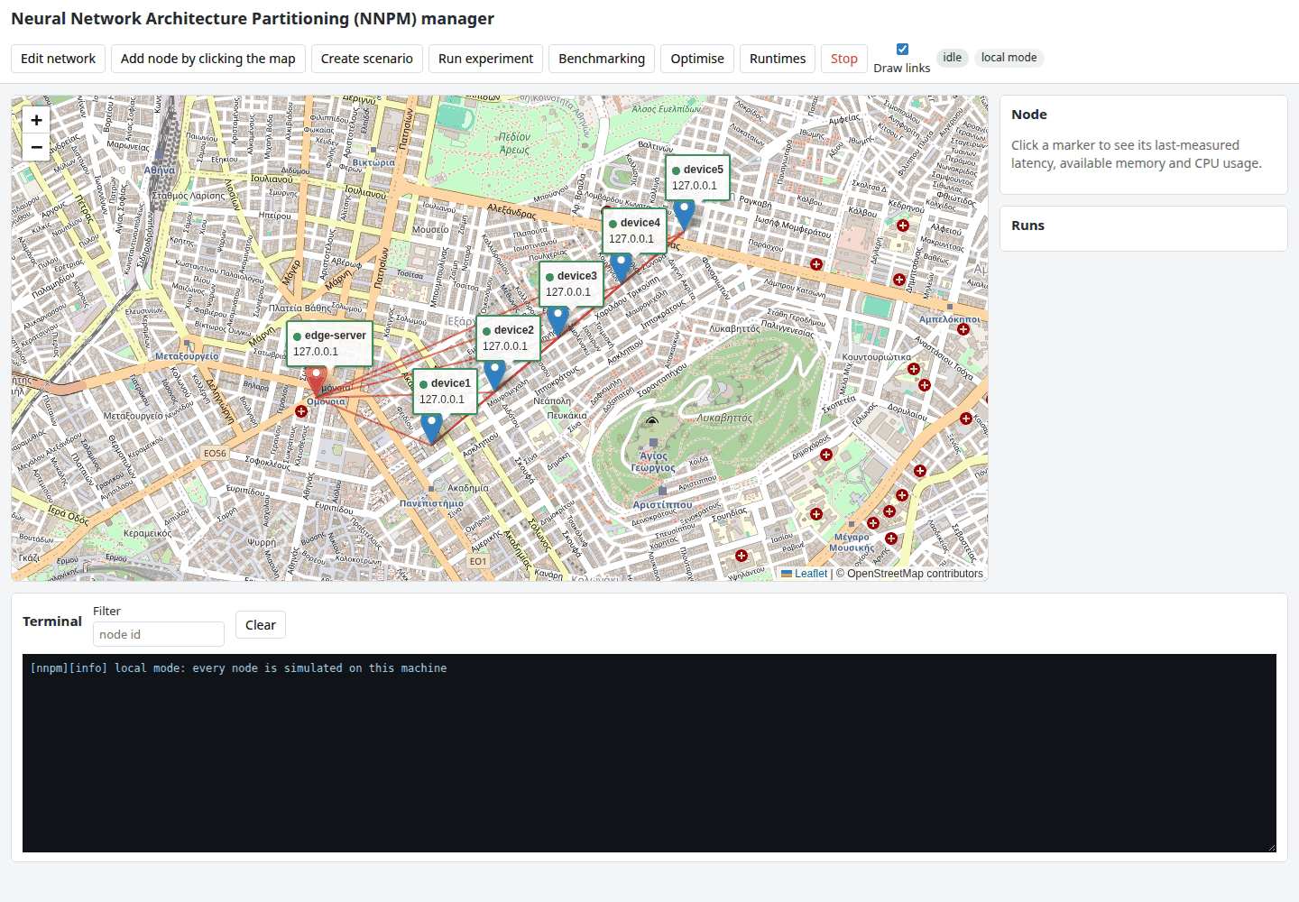 The main view: toolbar, map with the nodes, side panel, terminal