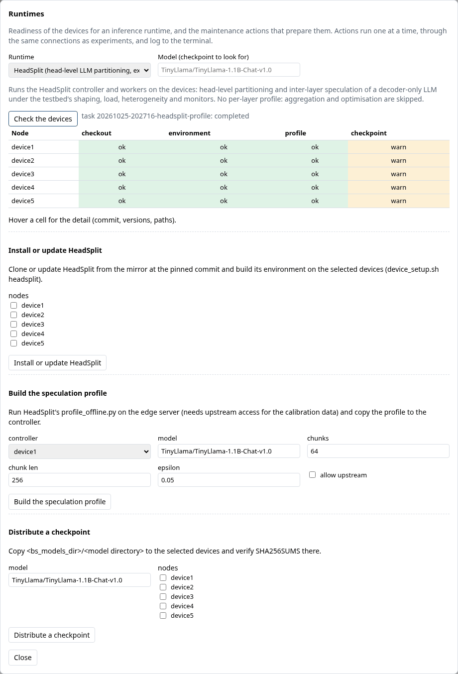 The Runtimes dialog: the readiness table and the actions
