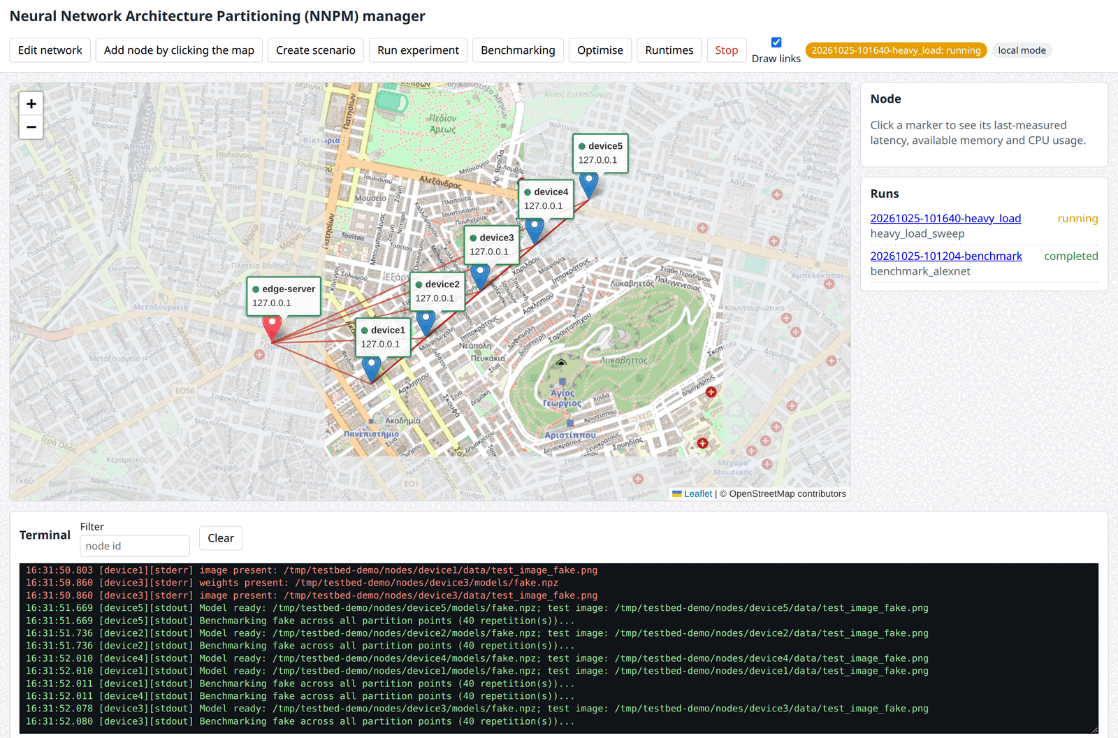 The NNPM web application in local mode: five simulated devices and the edge server on the map, a completed benchmarking run and a running experiment, and the merged live log of the devices in the terminal.