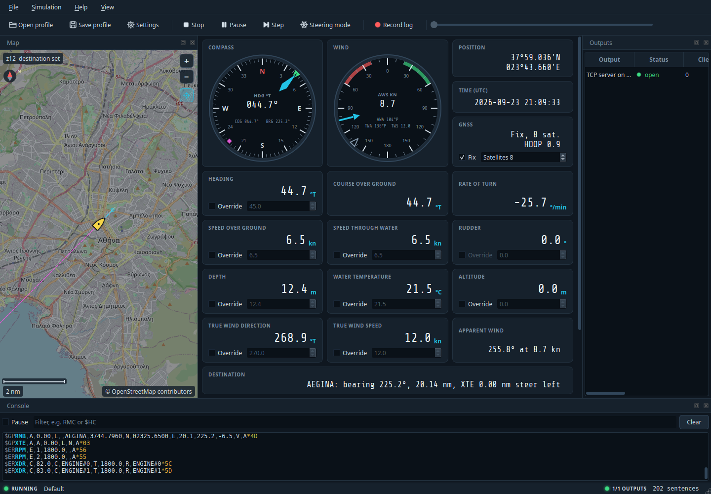 A running simulation in the night bridge theme: compass, wind dial, instruments, map and console
