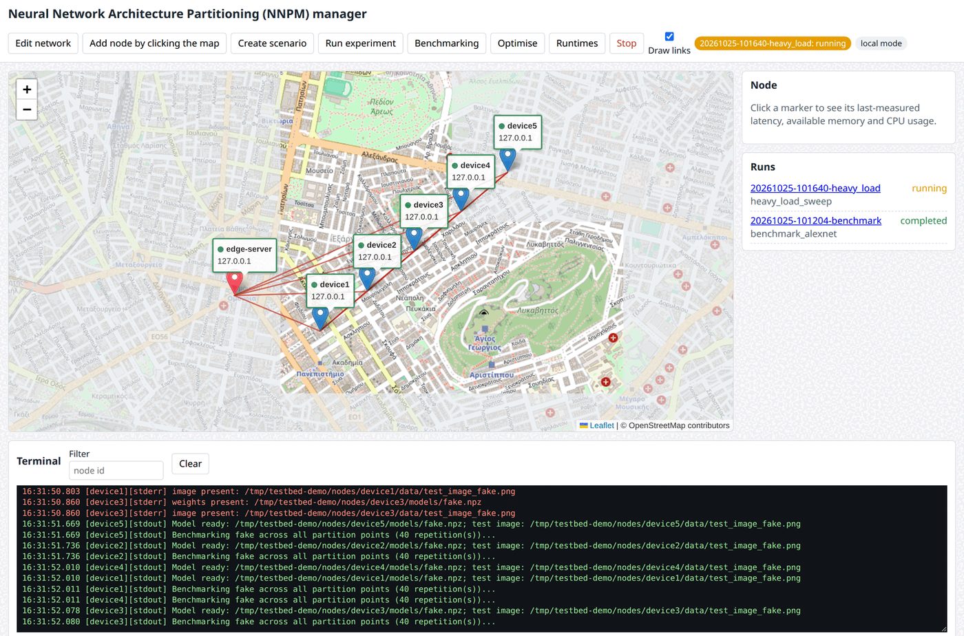 The NNPM web application in local mode: five simulated devices and the edge server on a map of Athens with links drawn between them, a completed benchmarking run and a running experiment in the side panel, and the merged live log of the devices in the terminal below.