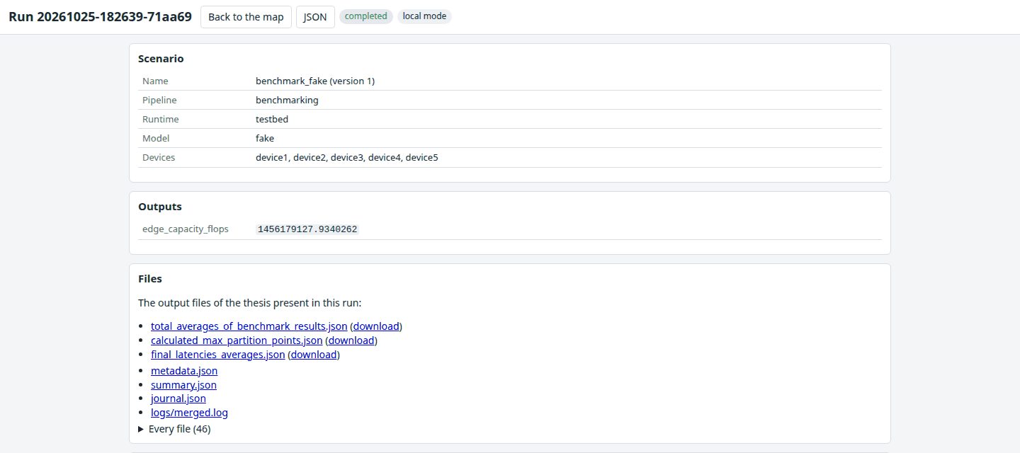 The NNPM run summary page: the scenario name and version, the pipeline, runtime, model and devices, the measured edge server capacity, and download links for the three output files, the metadata, the summary, the journal and the merged log.